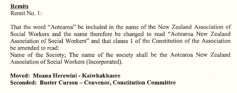 Extract from the minute of the ANZASW AGM held in Wellington on the 16th of October, 1999.